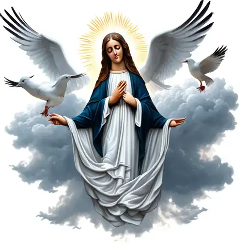 Virgin Mary With Doves And Cloud Background