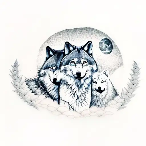 A Family Of Wolves Howling At A Full Moon In A Dotwork Style
