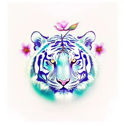 Asian Styel Tiger Face With Cherry Blossom Flower