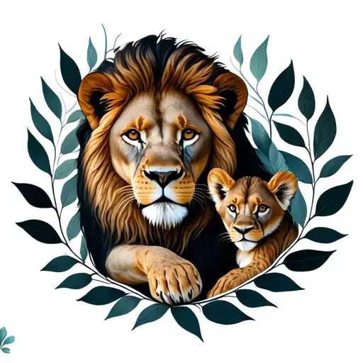 Lion And Cub Surrounded By Shadowed Leaves Intertwined