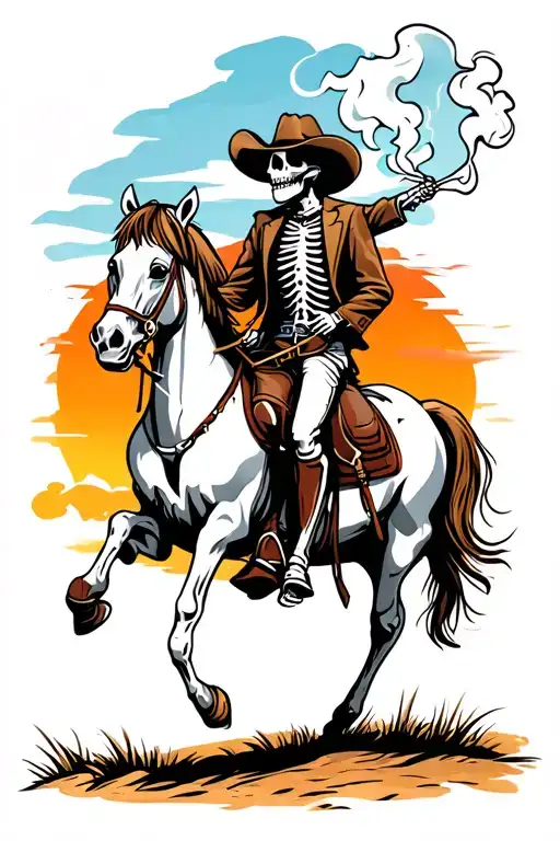 Smoking Skeleton Cowboy Riding A Horse On The Sunset