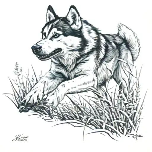 Husky Jumping Into Grass Field