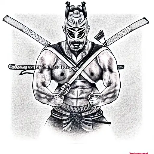 Muscular Samurai In A Mask With Two Katanas Behind His Back