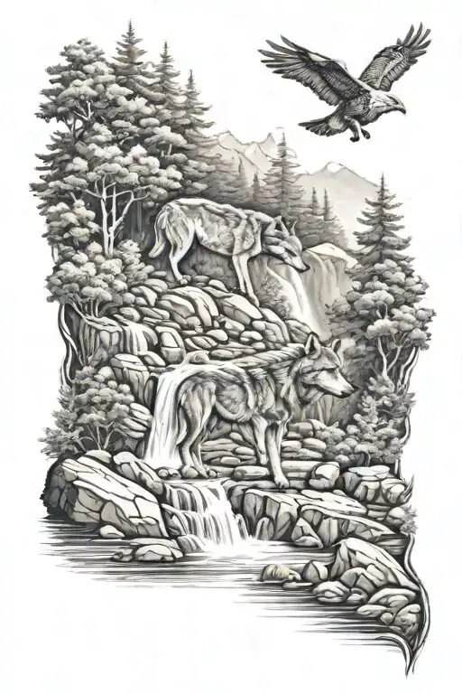 Wolf And Nature Scene Waterfall Flowing