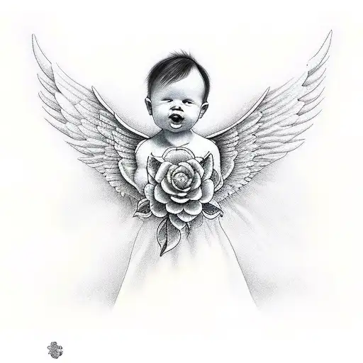 Baby Angel Flying In The Sky With Clouds And Gardenia Flower Garden