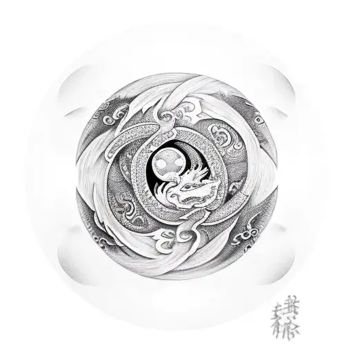 Dragon With Yin Yang And Symbols