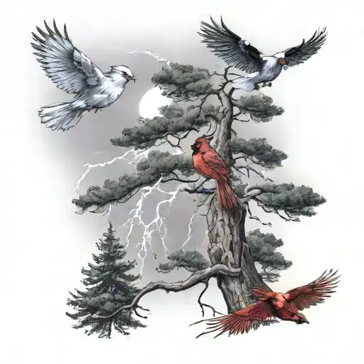 Lightning Striking Around 3 Cardinals Flying Above A Sequoia Tree