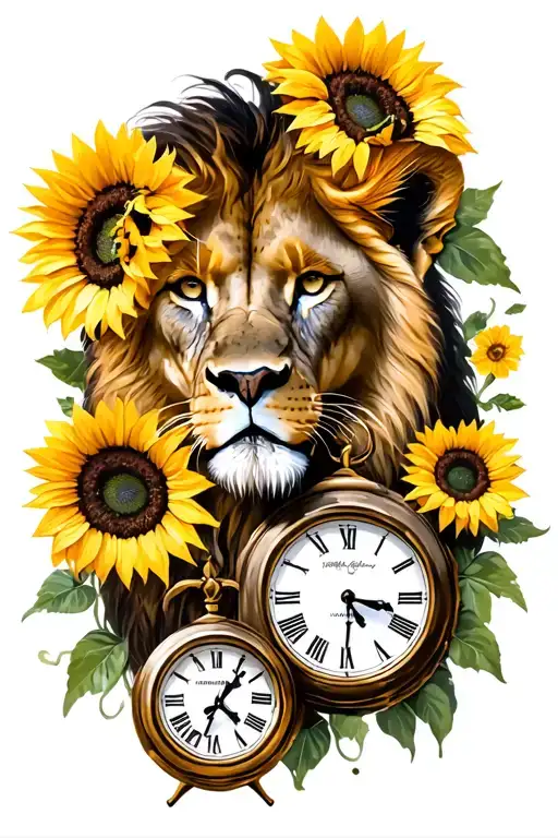 Lioness With Sunflowers And Three Birthday Clocks