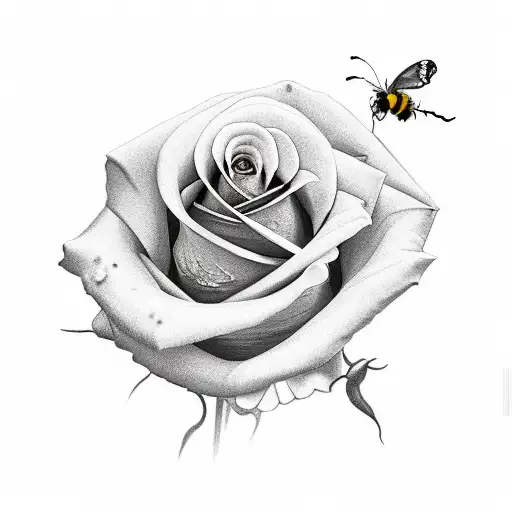 Red Rose With Green Butterfly And Bumblebee