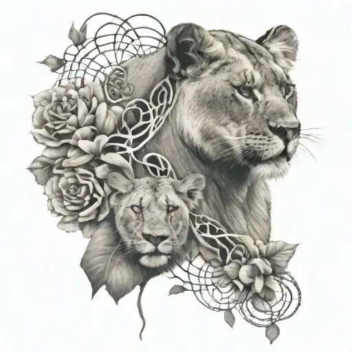 Lioness And Flowers And Dna Double Helix Intertwined