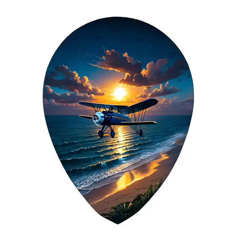 Blue Biplane Flying Over Beach At Sunset Background