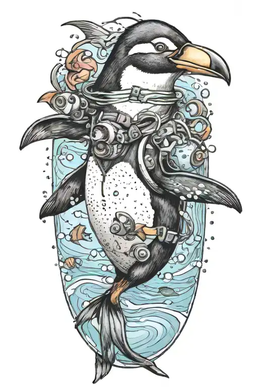 A Penguin Wearing Scuba Regulator Swimming With Tropical Fish