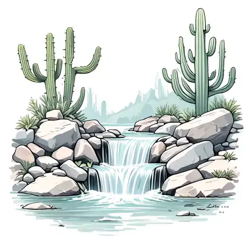 Waterfall With Rocks And Cacti