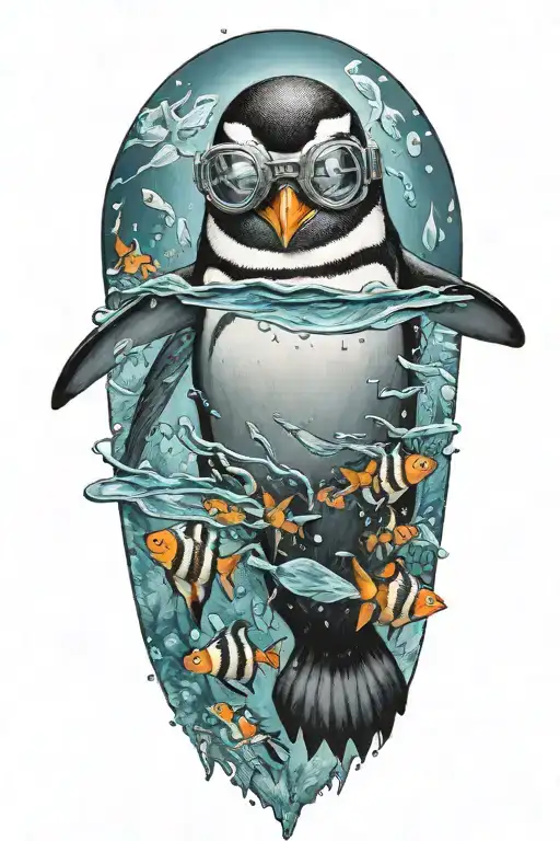 A Penguin Wearing Scuba Gear Swimming With Tropical Fish