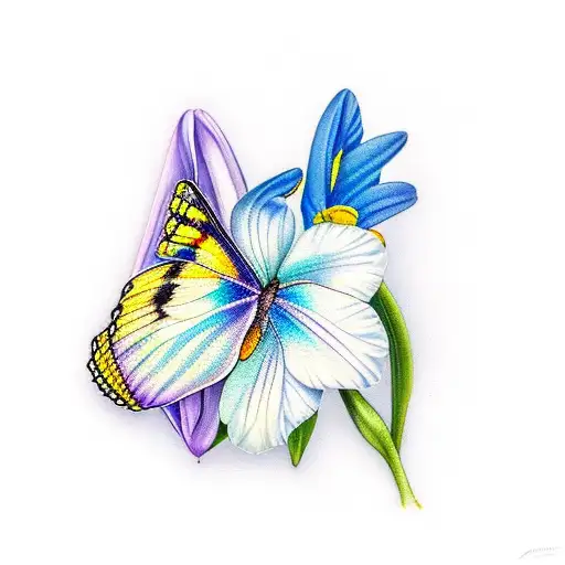 Blue Butterfly On A Purple Daffodil With A Green Butterfly In The Background