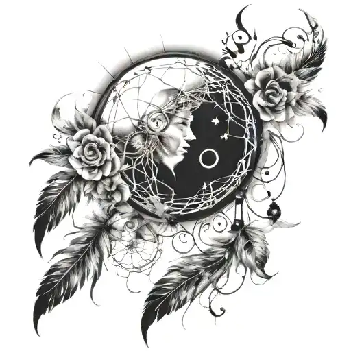 Sun And Moon Intertwined And Dream Catcher Entangled