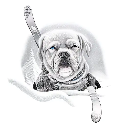 A Realistic Tattoo Of A Skiing Spy With A Dog Companion