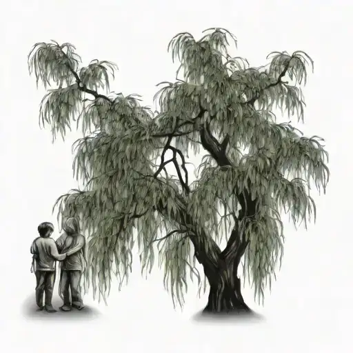 Weeping Willow Tree With Lightning Bugs And 2 Kids Sitting On Branch