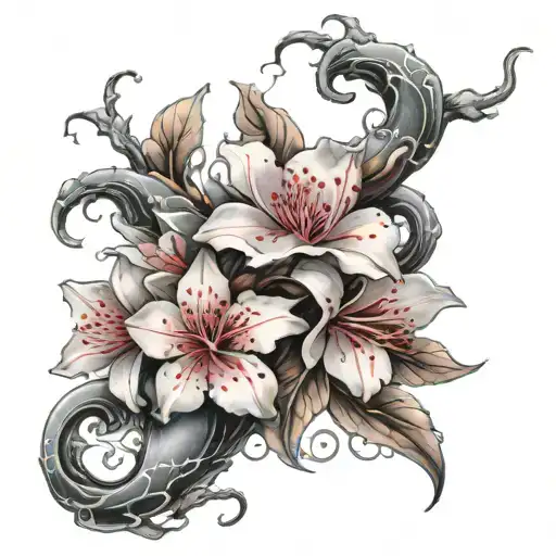 Ox Scorpio Cherry Blossom And Wave Tatto Sleeve