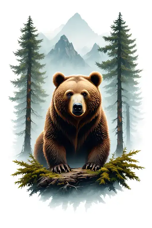 Forest Background With Fog Mountains Behind With Bear In The Centre Of The Forest