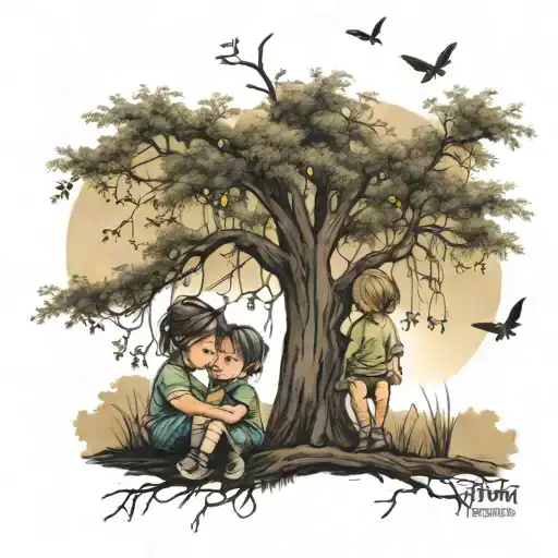 Willow Tree With Fireflies Around Branches And Two Kids At Base