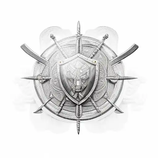 African Warrior Shield With Nsidibi And Uli Inscribed And With A Sword And Staff In The Background