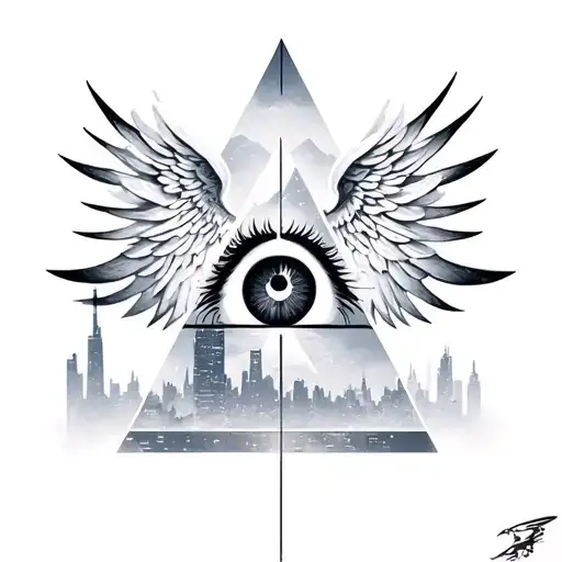 Skyscrapers And Mountians For Back Ground And Then Illuminati Eye Triangle With Black Angel Wings
