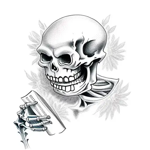 A Skeleton Laughing While Holding A Book And Surrounded By Flowers
