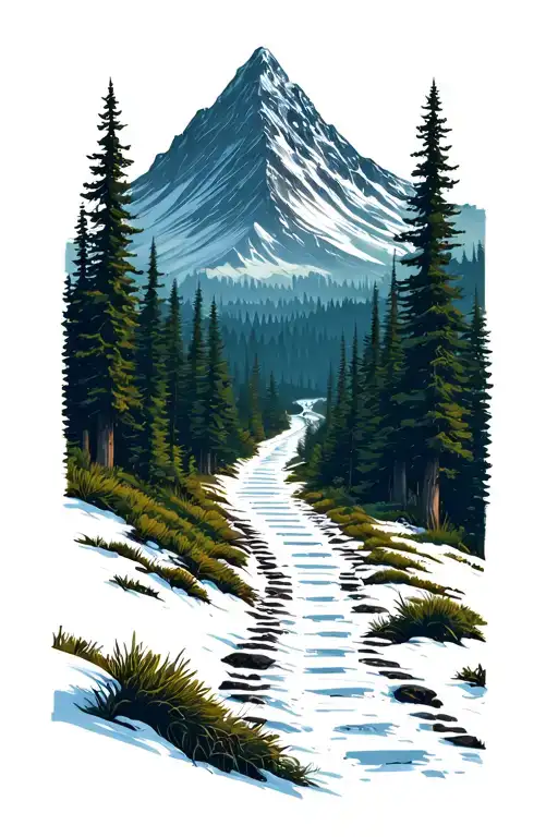 In A Forest Looking Up At A Mountain Towering Above With A Long Path Representing A Journey Ahead