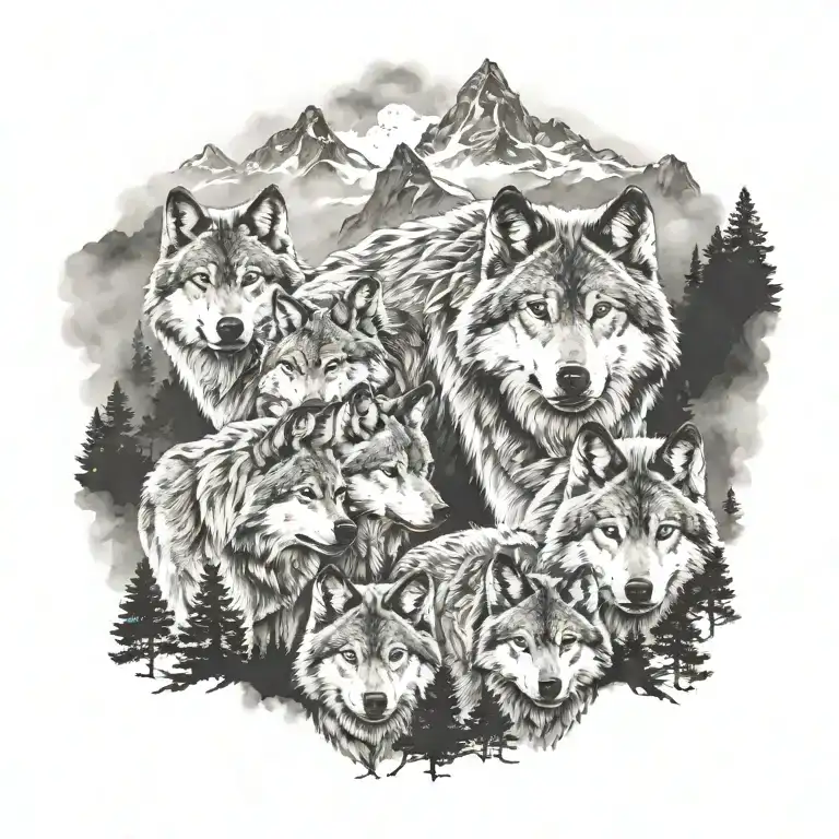 Wolf Pack In Foggy Mountains