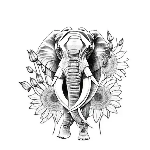 Majestic Male Elephant Surrounded By Sunflowers And Lily Flowers
