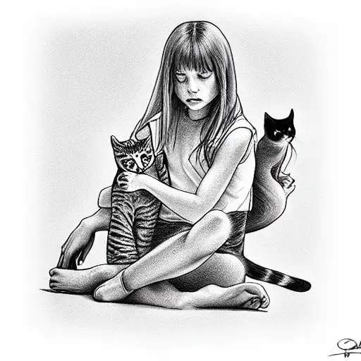 Girl And Cat Playing