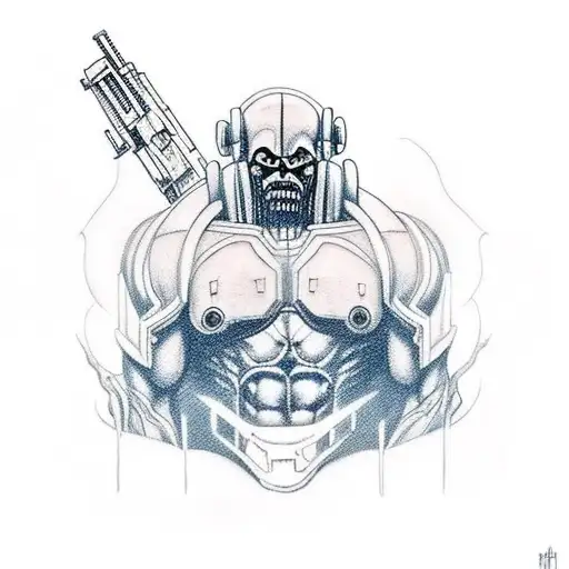 Half Human Titan Warior Stand With His Gun And Looks Tired After Battle