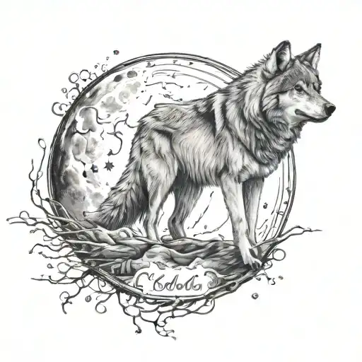 Wolf Standing Moon Surrounded With Writing Saying Grandma