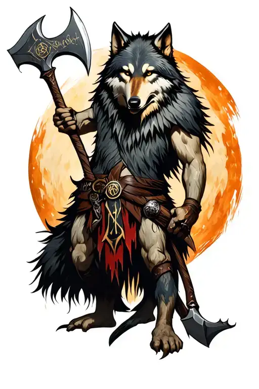 Wolf Berserker With Algiz And Uruz Rune Scar On The Chest Holding Two Axes