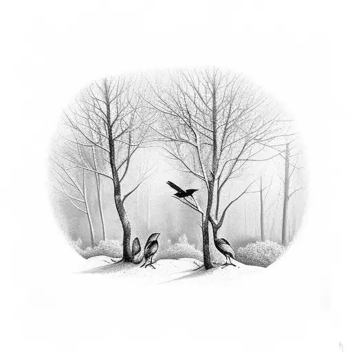 Forest At Night With 2 Crows And 2 Wolfs