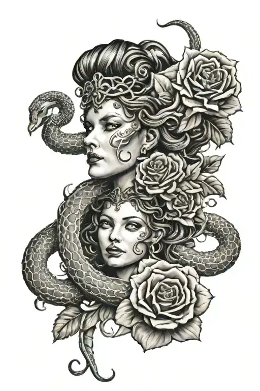 Medusa With Snake Wrapped Around Neck And Fire Rose And A Black Rose