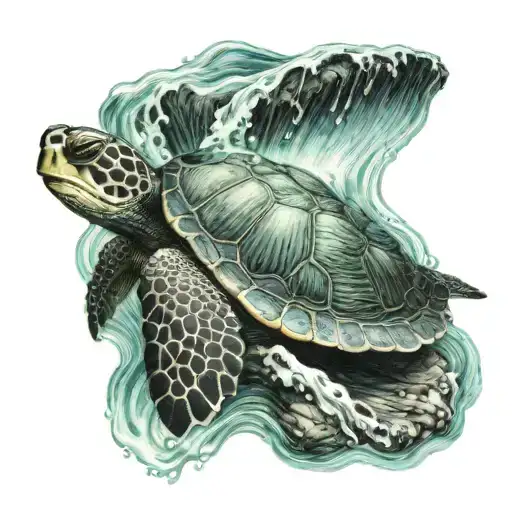 A Detailed Black And Grey Tattoo Of A Turtle With Green Eyes Swimming In A Waterfall