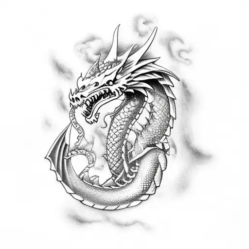 Large Dragon With A Sword And A Viking's Ship In The Sea