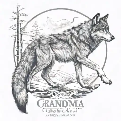 Wolf Standing Moon Surrounded With Writing Saying Grandma