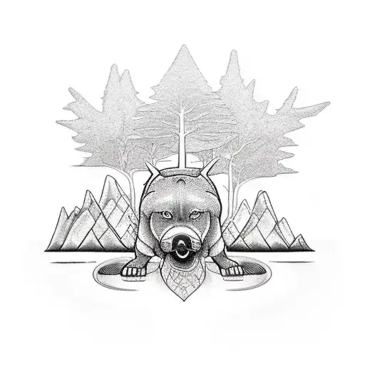 A Black And Grey Tattoo Of A River Flowing Through A Forest With A Xolotl Dog Standing Nearby