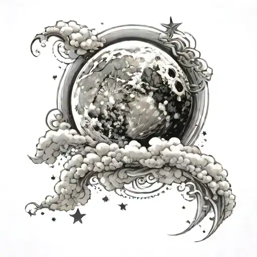 A Tattoo Design Featuring A Sleeping Moon Surrounded By Swirling Clouds And Twinkling Stars