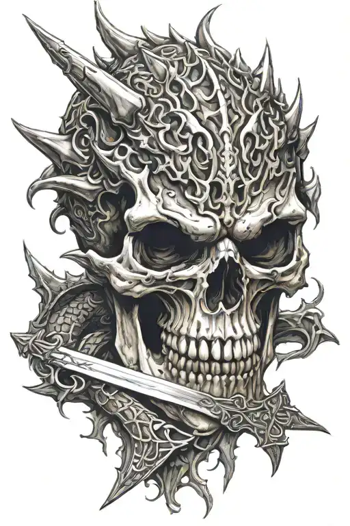 Skull Of A Dragon Head With A Sword Piercing In