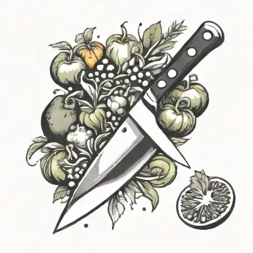 Abstract Representation Of A Chef's Knife Cutting Through A Vibrant Array Of Fruits And Vegetables