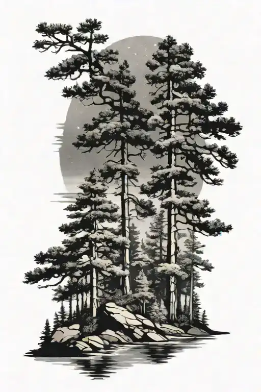 Forest Pine Trees With Water At Night Sky