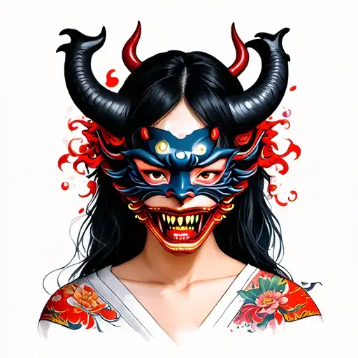 Japanese Woman With Oni Demon Mask On Over Mouth Only