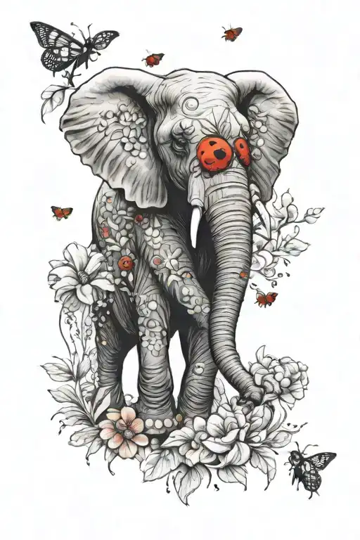 Elephant With Flowers And Ladybugs