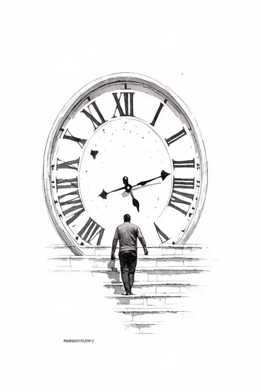 A Man Walking Up A Staircase With A Clock In The Background