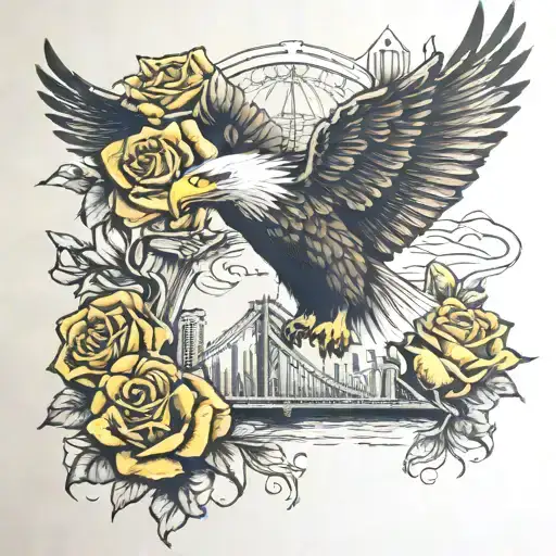 Bay Bridge With Eagle And Yellow Roses With Praying Hands