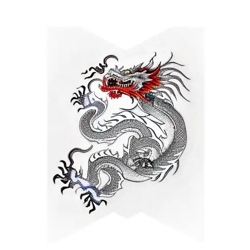 Chinese Dragon And Flying Above The Dragon Phoenix Bird In The Fire And Smog